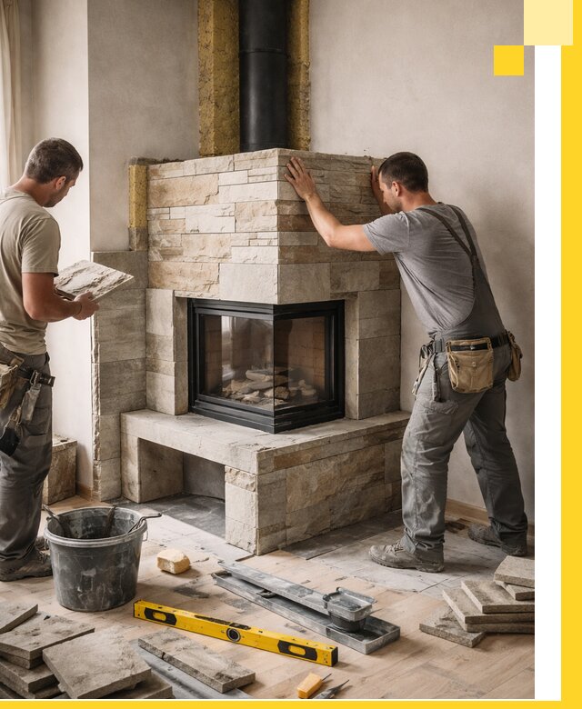 Угловые камины под ключ проект, монтаж и отделка в Прокопьевске